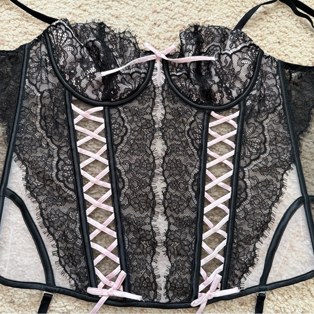 Victoria's Secret Black Lace Corset with Pink Accents